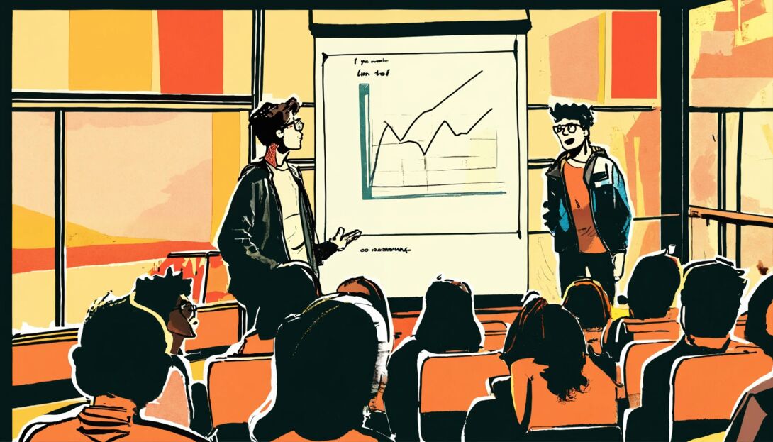 Studierende halten eine präsentation (Bild in Comi Studierende halten eine präsentation (Bild in Comi